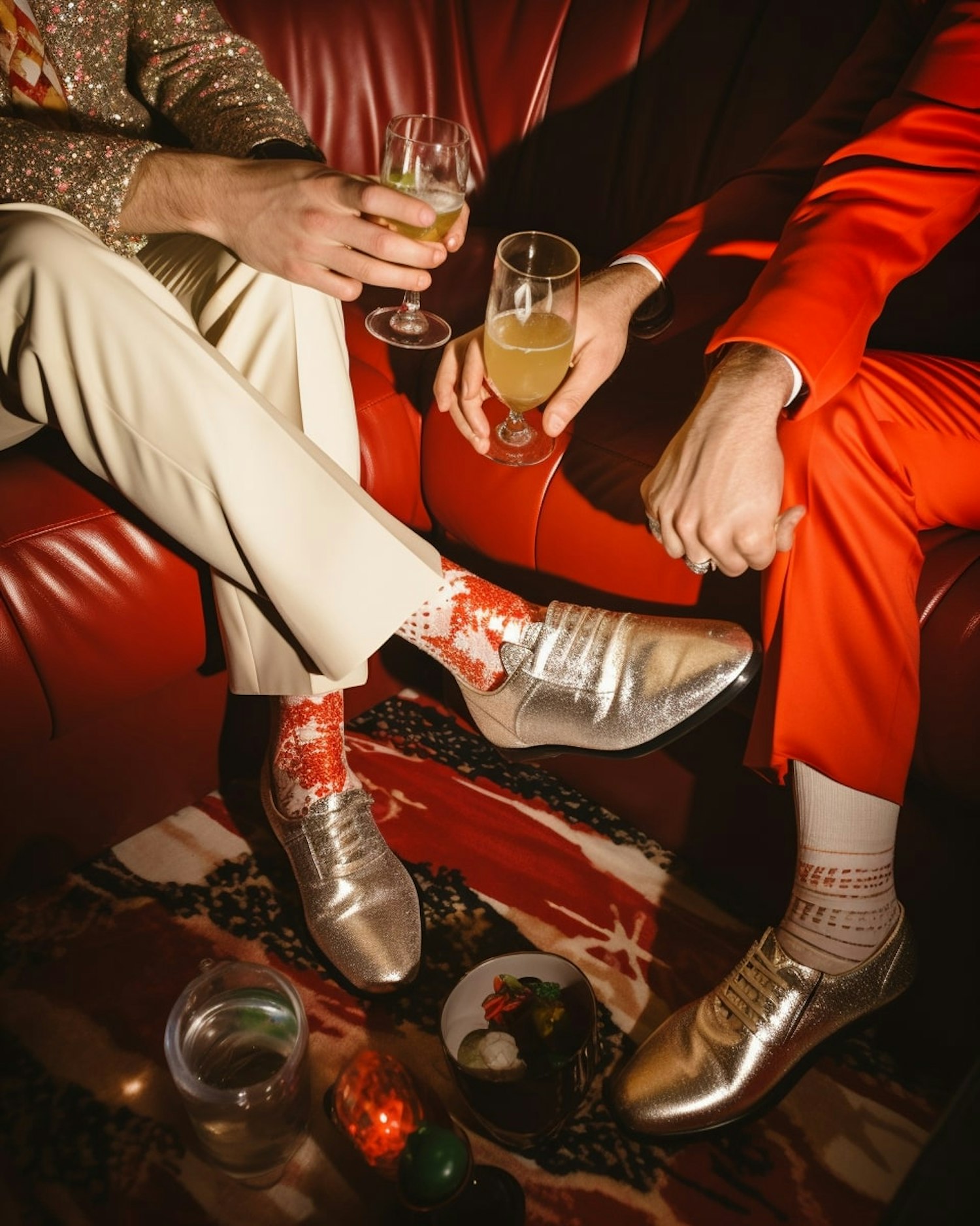 Festive Gathering on Red Couch