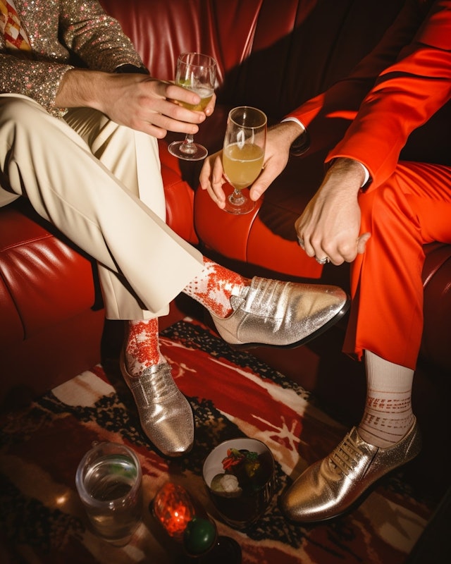 Festive Gathering on Red Couch