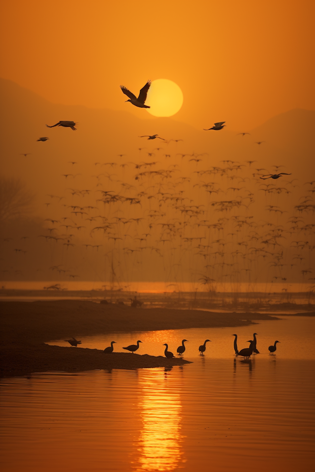 Sunset Sojourn: Birds in Flight Over Tranquil Waters