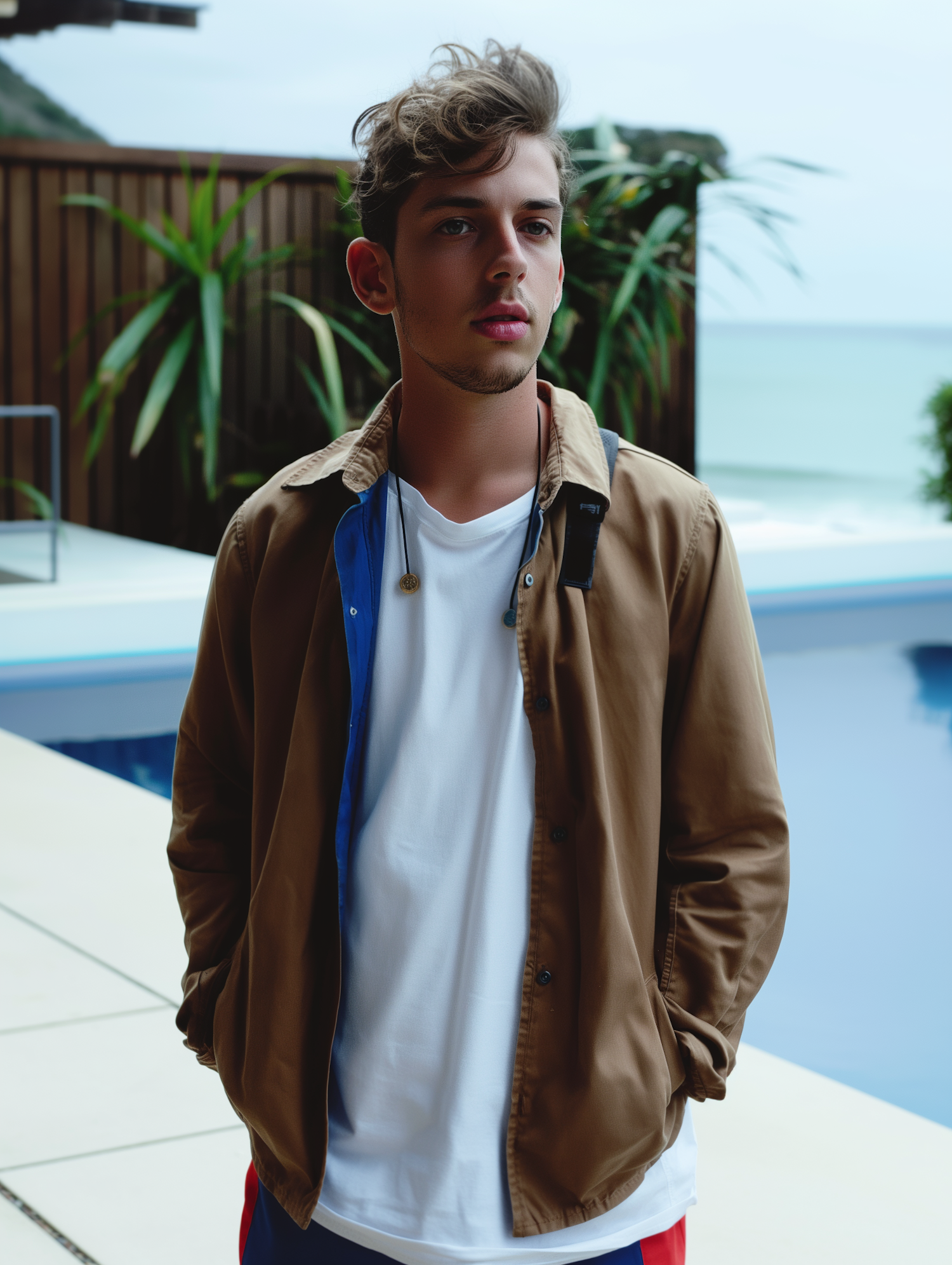 Contemplative Young Man by the Pool