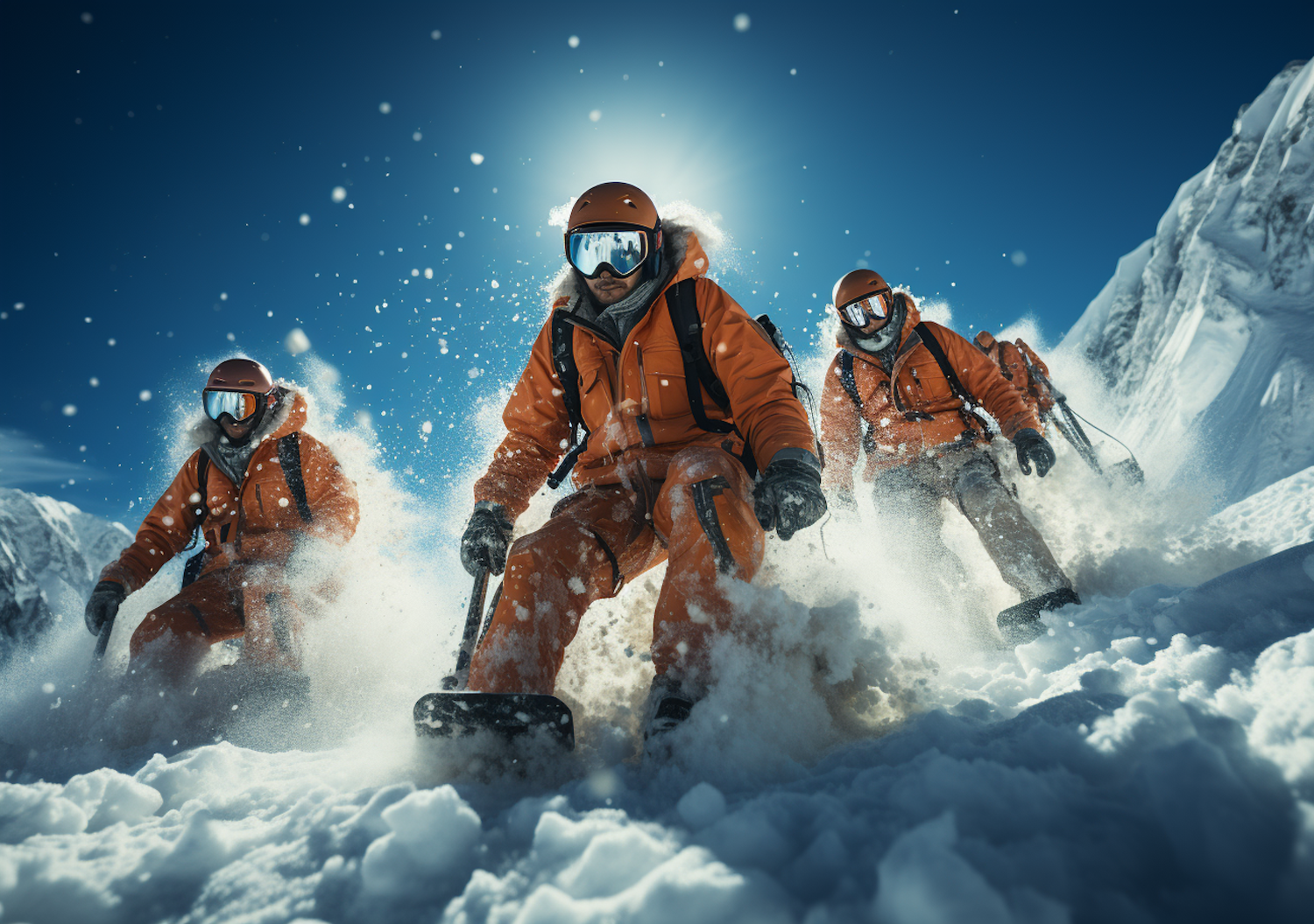 Dynamic Trio Snowboarding in Sunlit Mountain