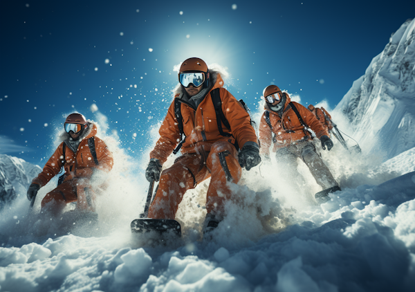 Dynamic Trio Snowboarding in Sunlit Mountain