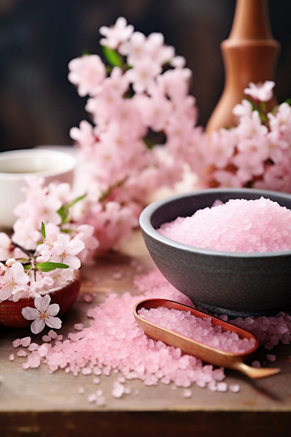 Tranquil Spa Essentials with Pink Himalayan Salt and Cherry Blossoms