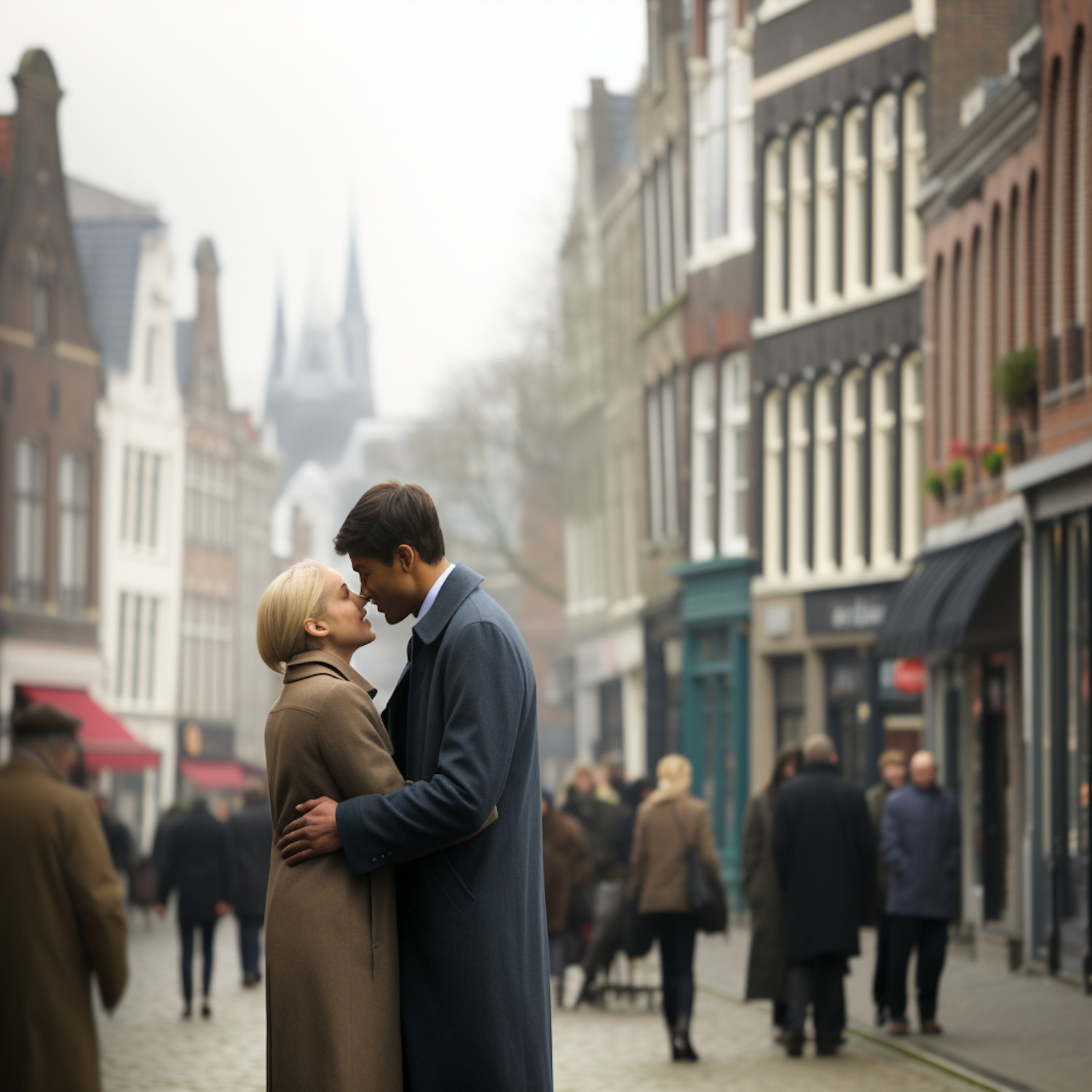 Eternal Embrace on a Misty European Street