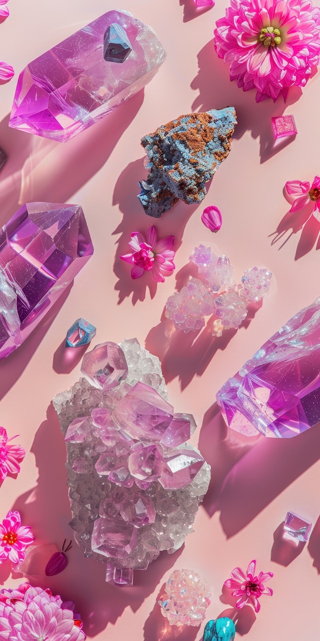 Crystals and Flowers on Pink