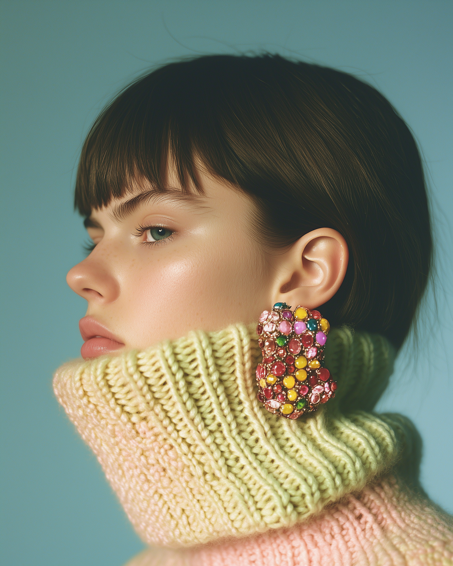 Profile with Knitted Sweater and Gemstone Earring