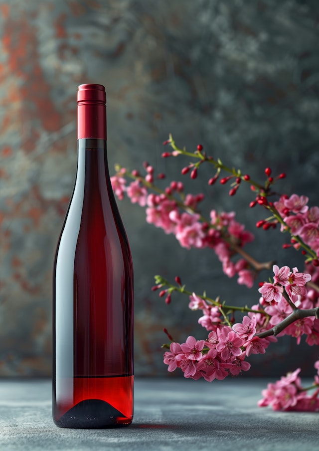 Elegant Red Wine and Cherry Blossoms