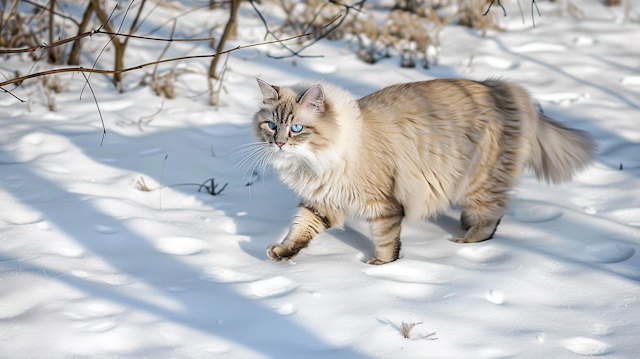 Fluffy Cat in Snowy Landscape