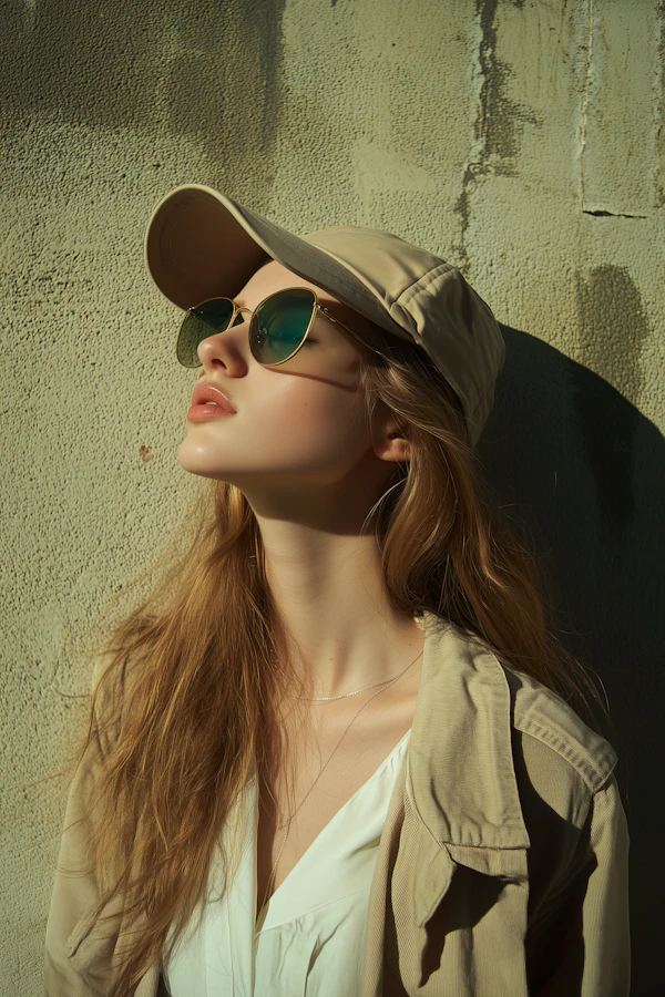 Woman in Beige Cap Against Textured Wall
