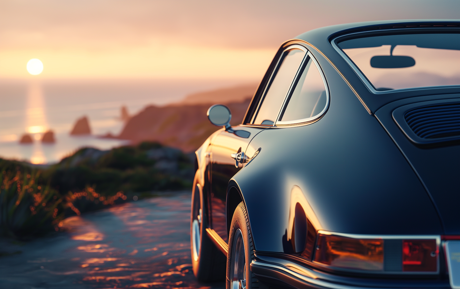 Classic Car at Sunset on the Coast