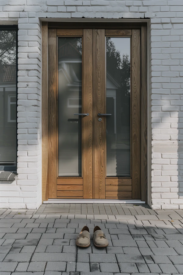 Modern Wooden Front Door and Casual Shoes at Entrance