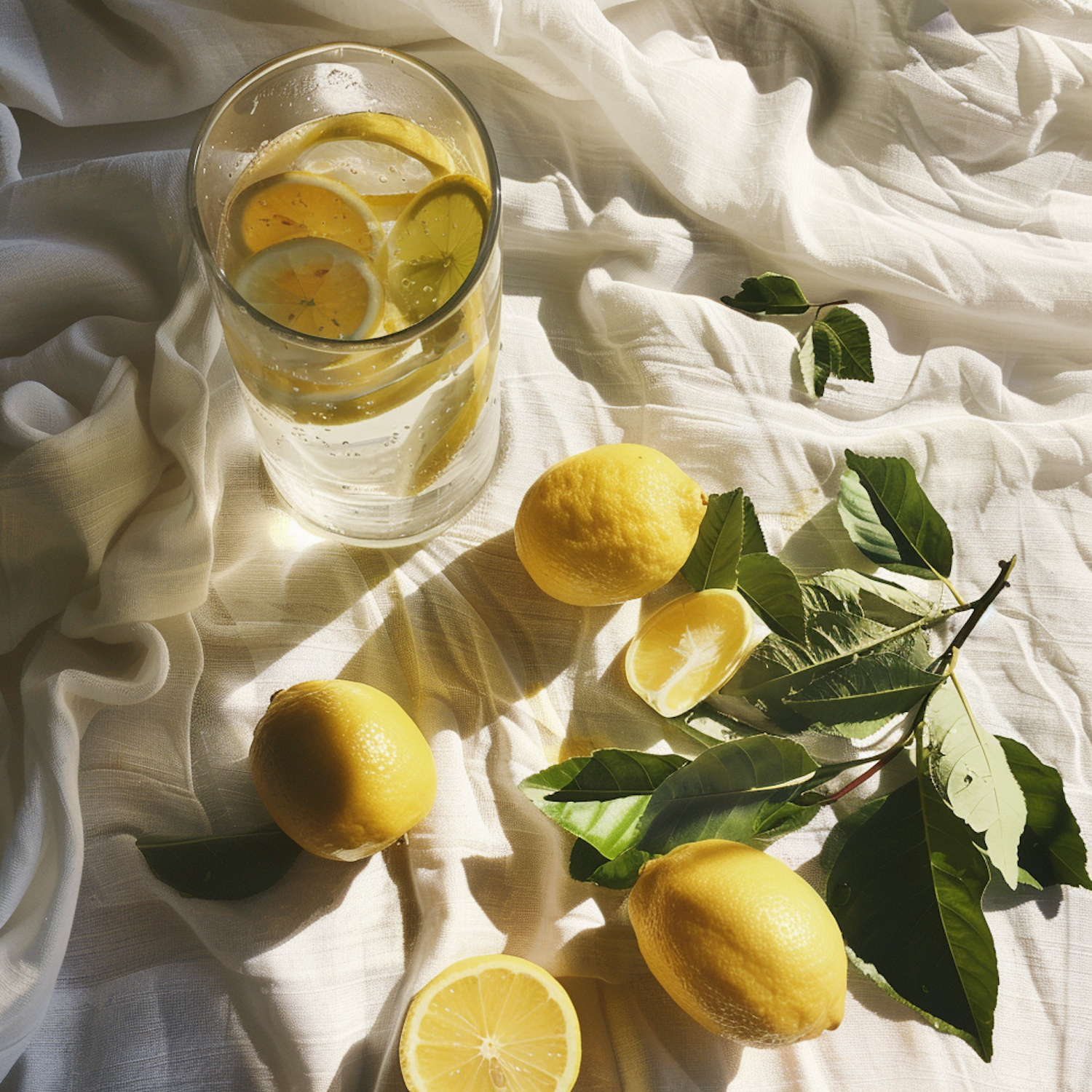 Lemons and Water on Textured Fabric