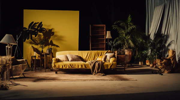 Warm Textured Interior with Mustard Yellow Sofa and Lush Greenery