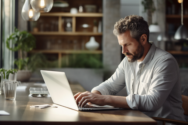 Concentrated Middle-aged Man Working on Laptop at Home