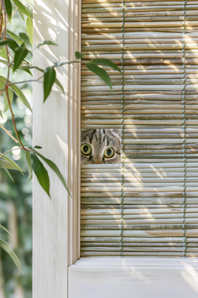 Curious Cat Peeking Through Bamboo Blind