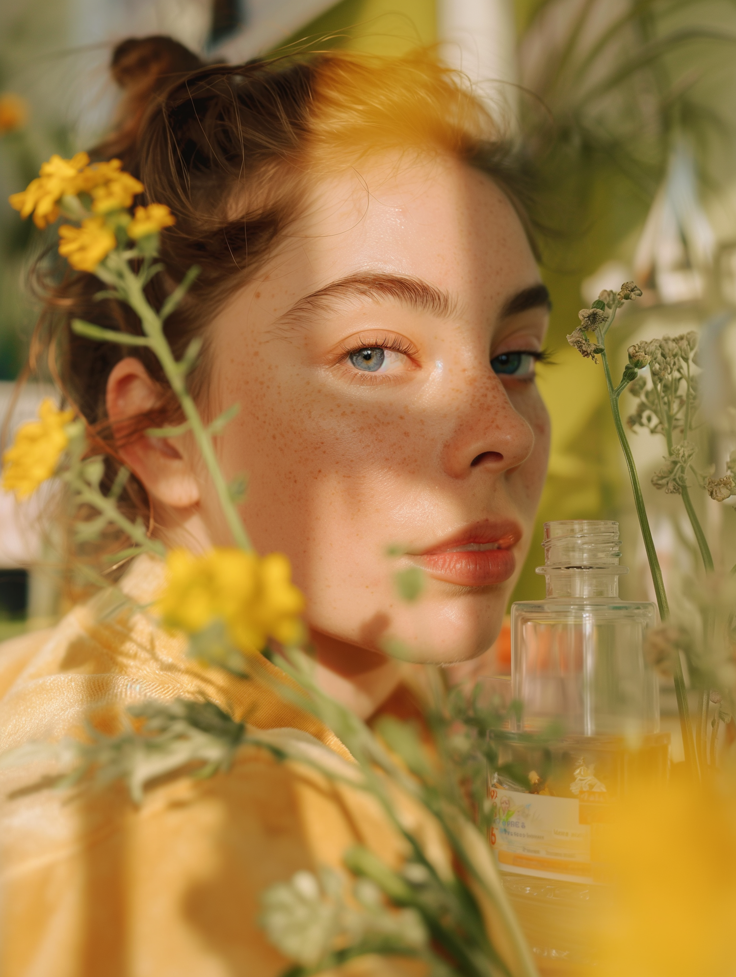Portrait of Young Woman with Yellow Flowers