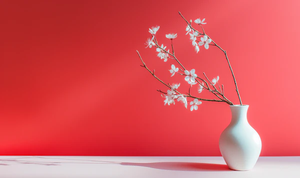 Minimalist White Vase with Flowers Against Red Background