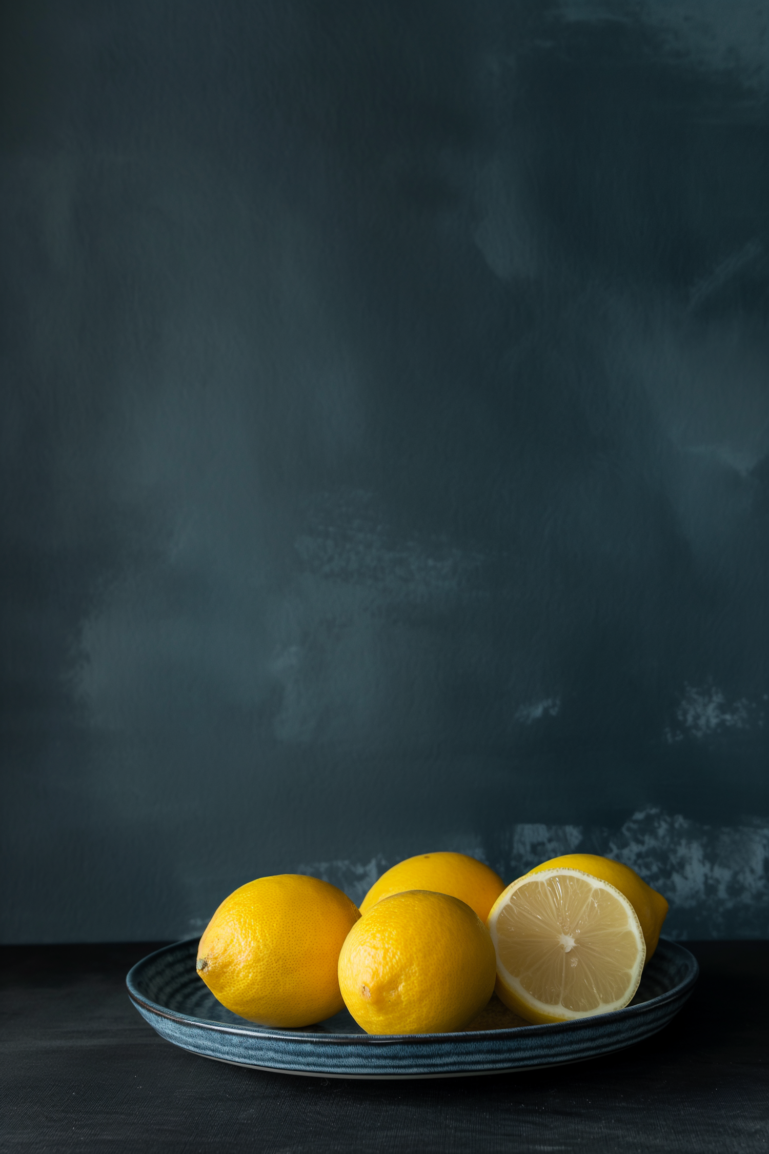 Bright Yellow Lemons on Blue Plate