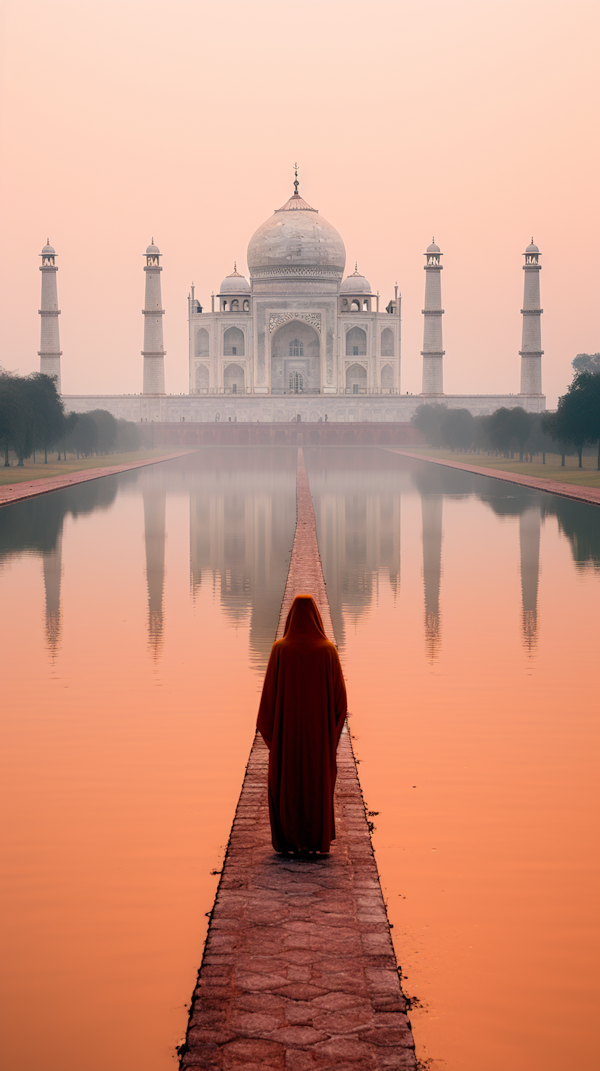 Contemplative Figure at Taj Mahal at Sunrise