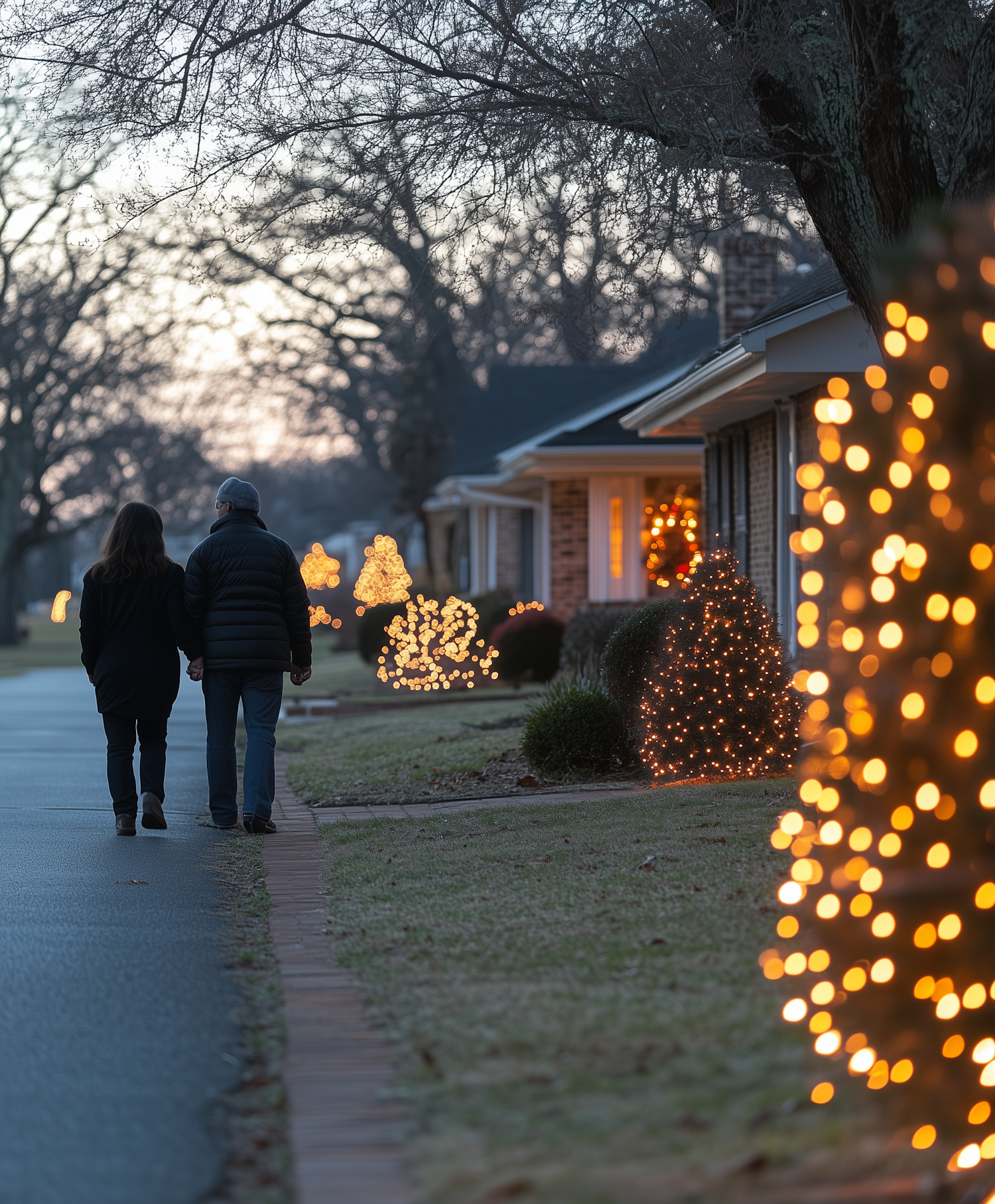 Evening Stroll in Festive Suburb