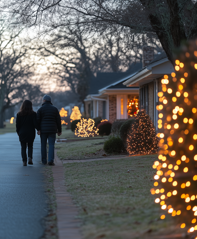 Evening Stroll in Festive Suburb