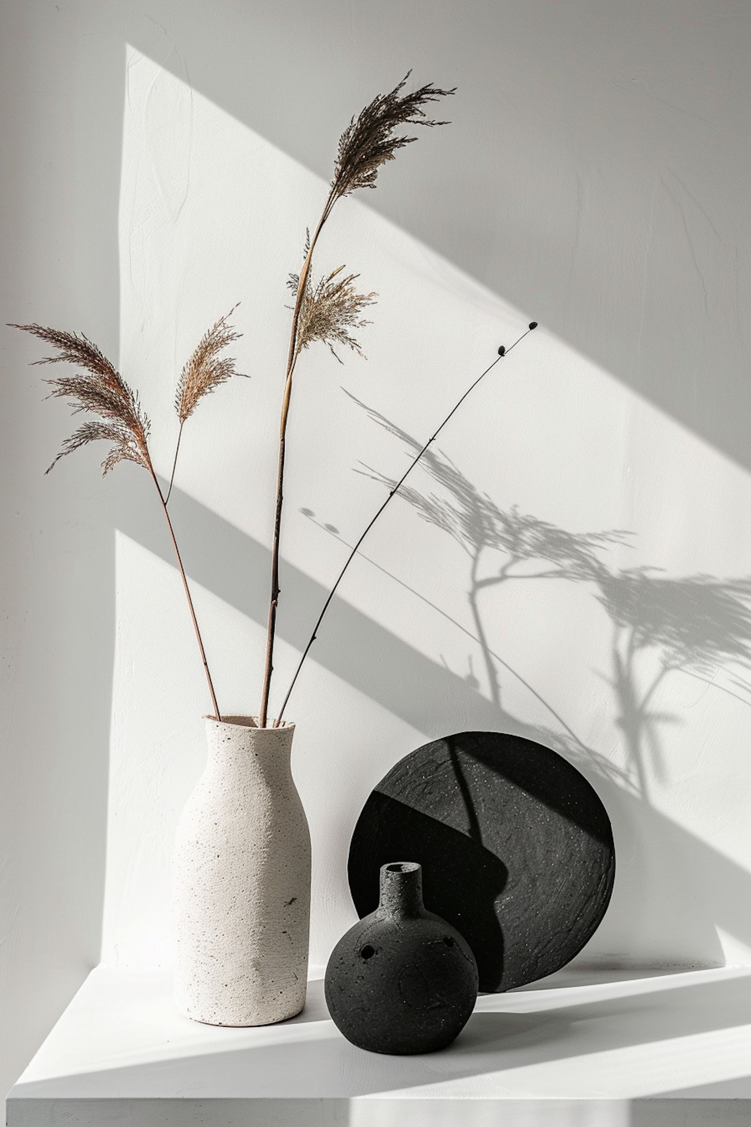 Minimalist Still Life with Ceramics and Reeds