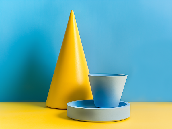 Minimalist Composition with Blue Cup and Yellow Cone