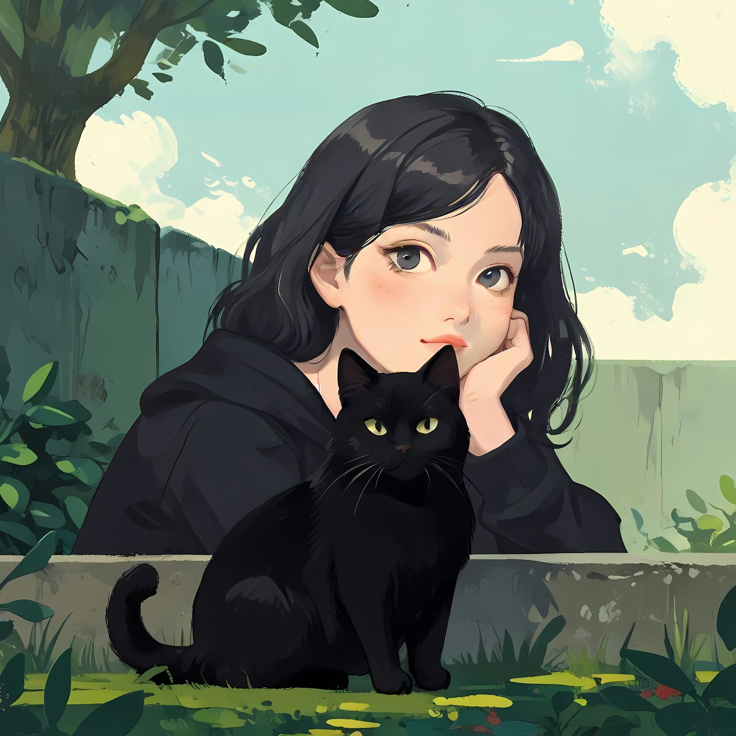 Contemplative Woman with Black Cat