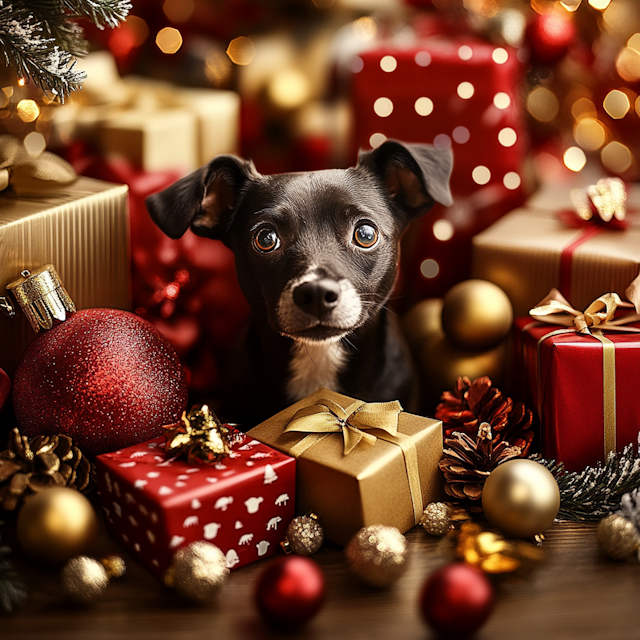 Festive Dog with Christmas Gifts