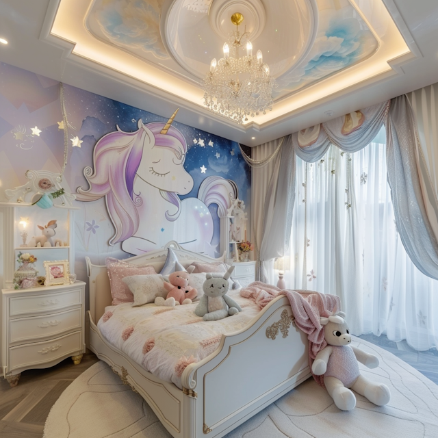 Whimsical Child's Bedroom with Unicorn Mural