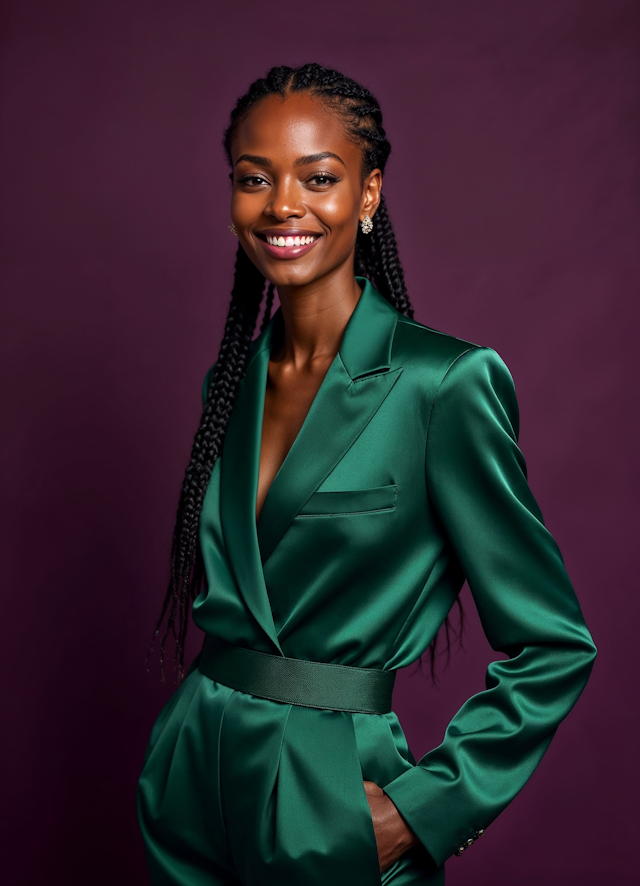 Woman in Emerald Green Satin Suit