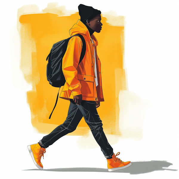 Contemplative Traveler in Vibrant Orange