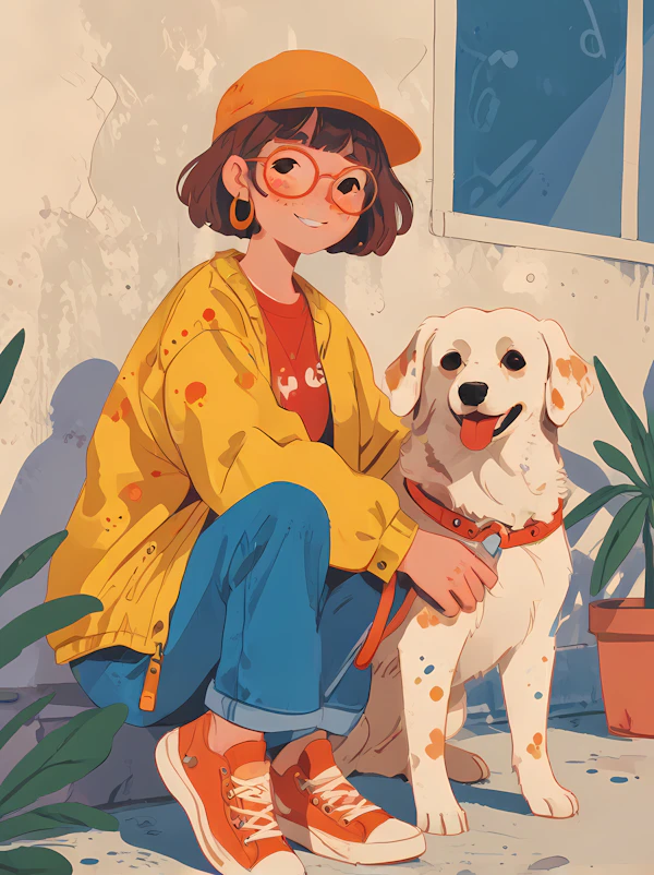 Young Person with Dog in Bright Attire