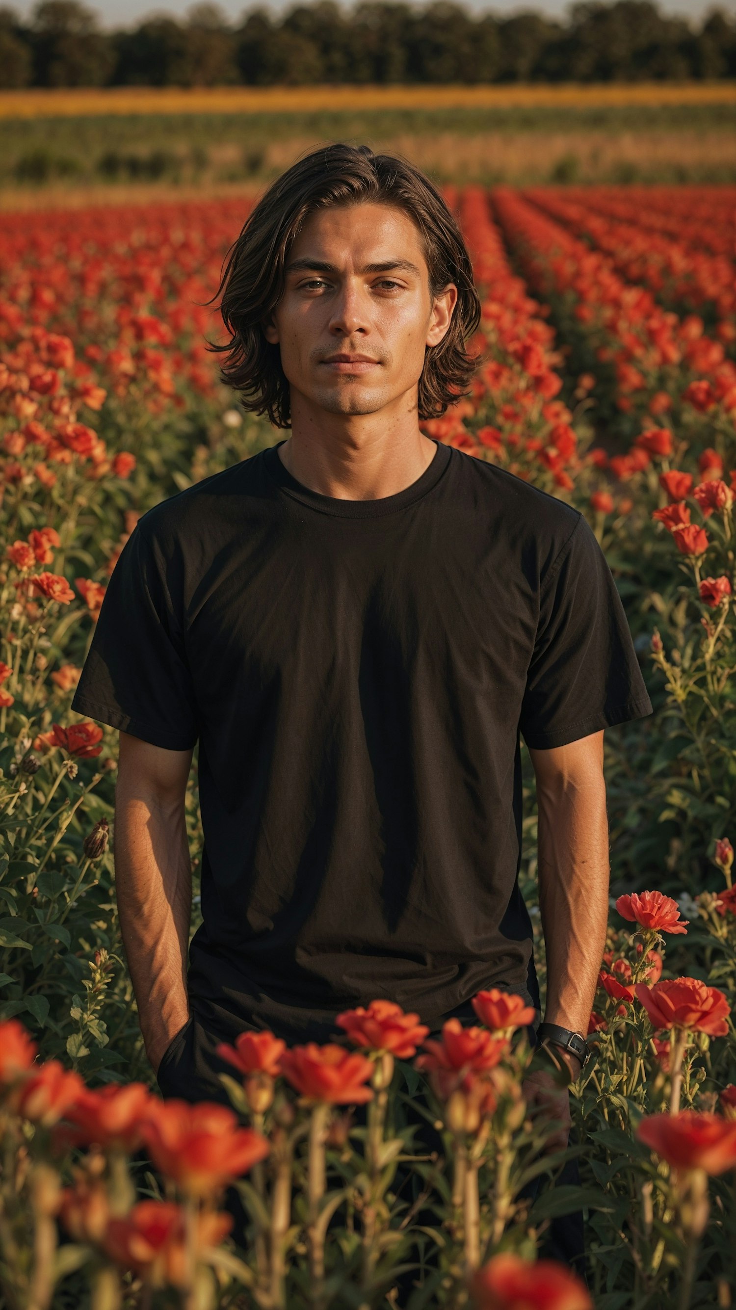 Young Man in Field of Red Flowers