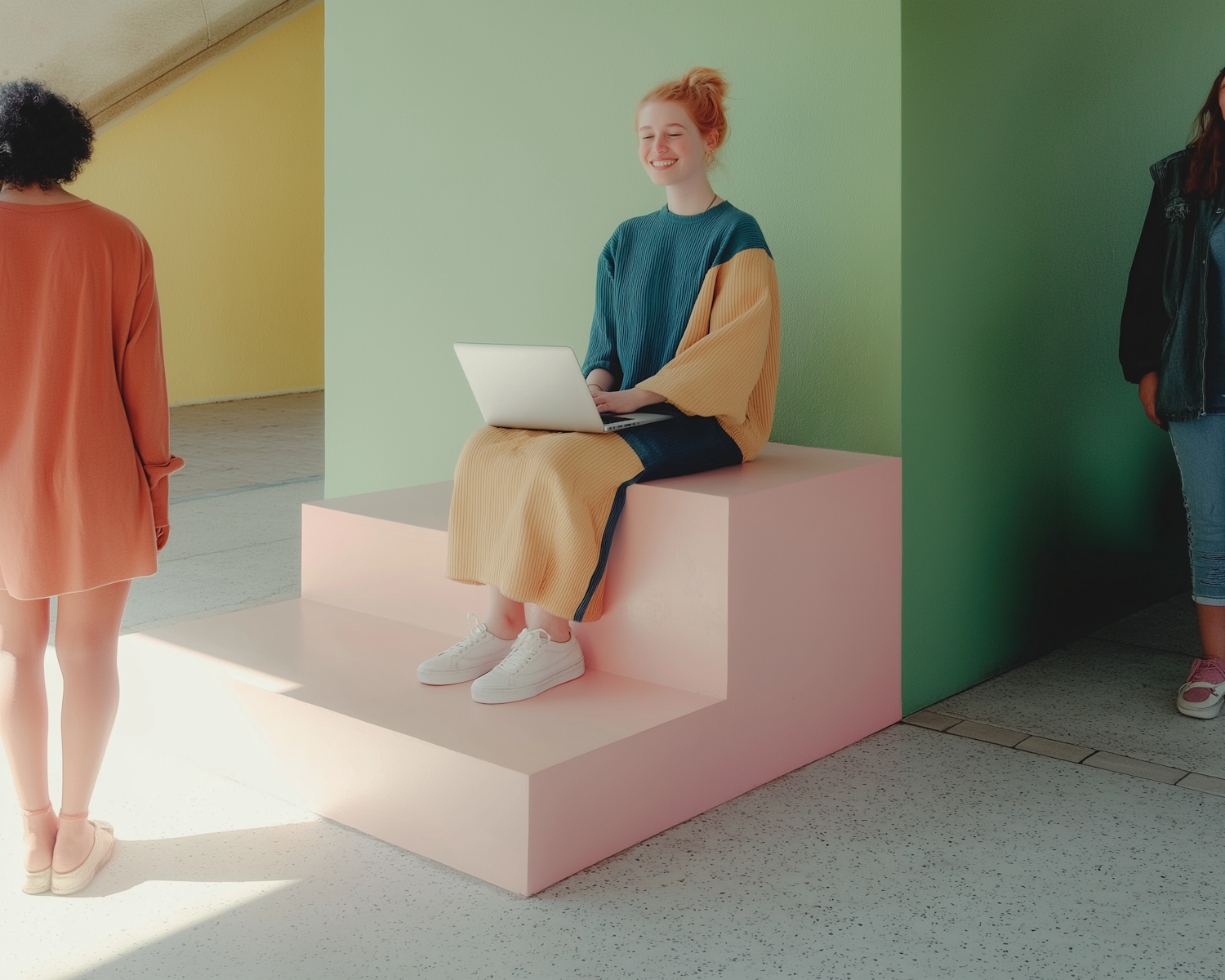 Young Woman Using Laptop on Geometric Block