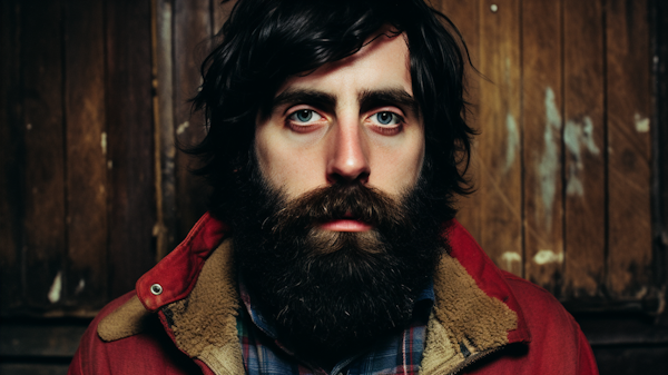 Intense Blue-Eyed Bearded Man in Red Jacket