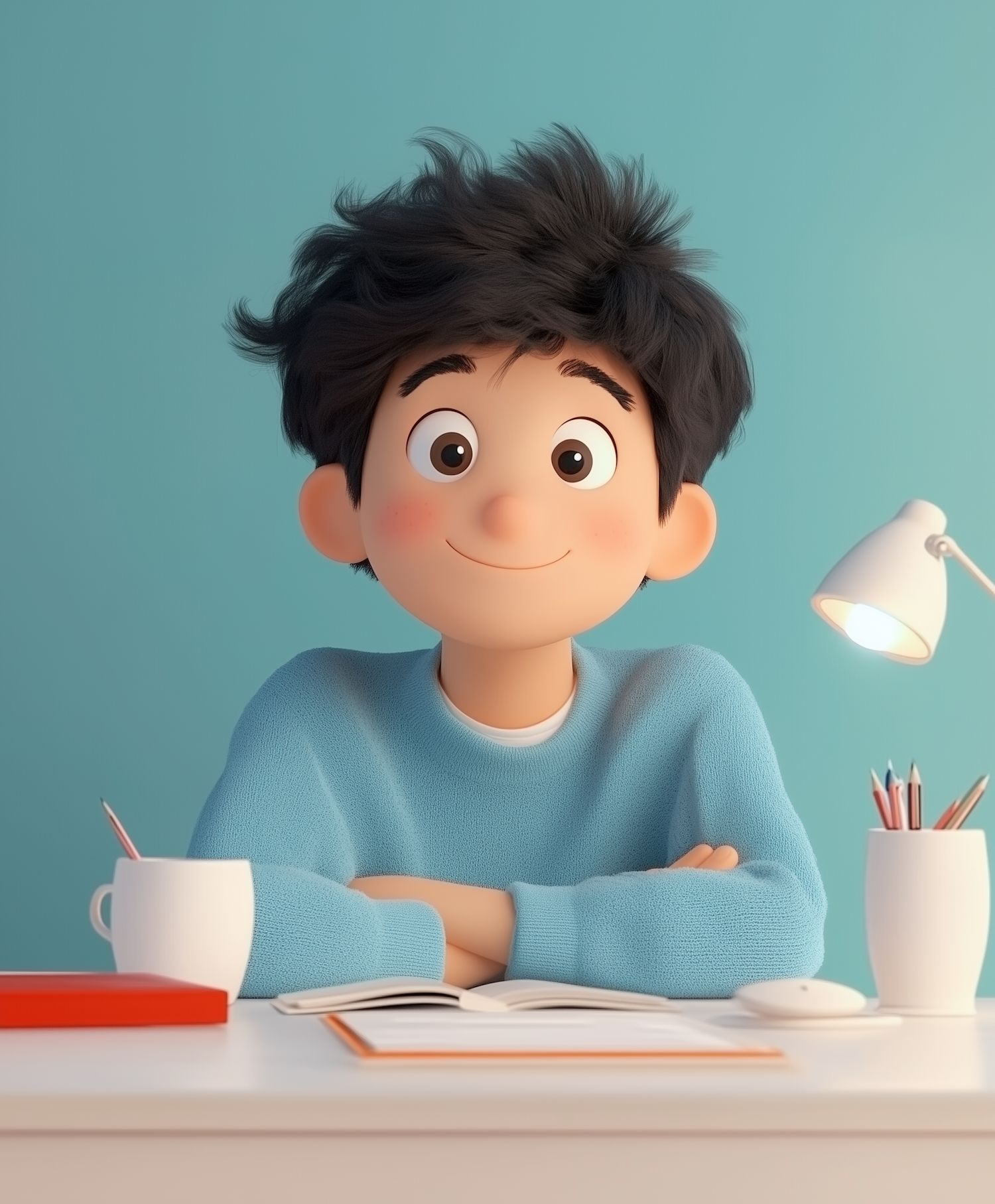 Cheerful Young Boy Studying at Desk