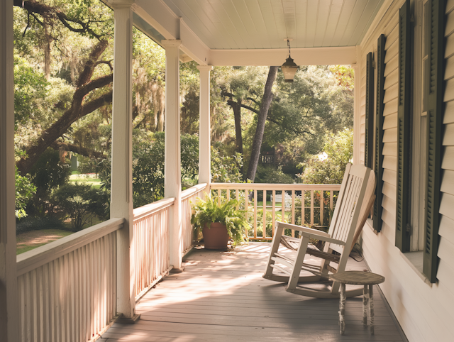 Serene Porch with Rocking Chair and Garden View