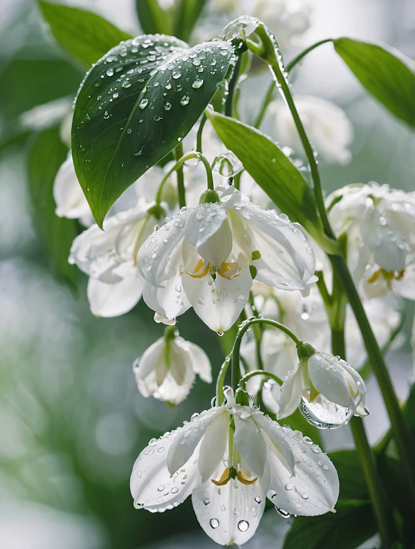 Close-up of White Flowers with Water Droplets