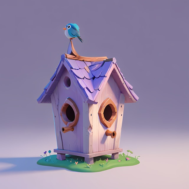 Whimsical Birdhouse with Cartoonish Bird