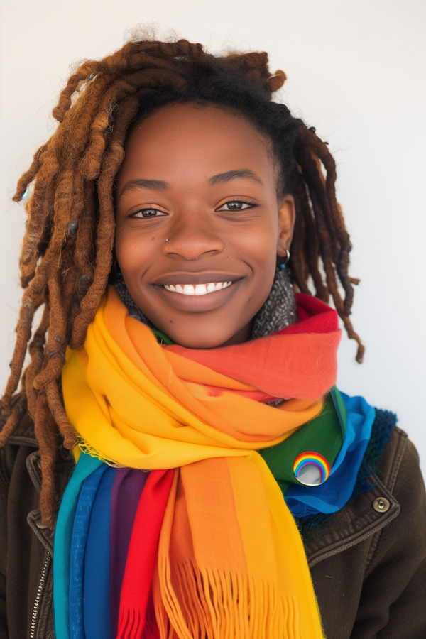 Joyful Woman with Colorful Scarf and Rainbow Pin
