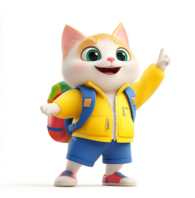 Animated Cat Character in Children's Attire