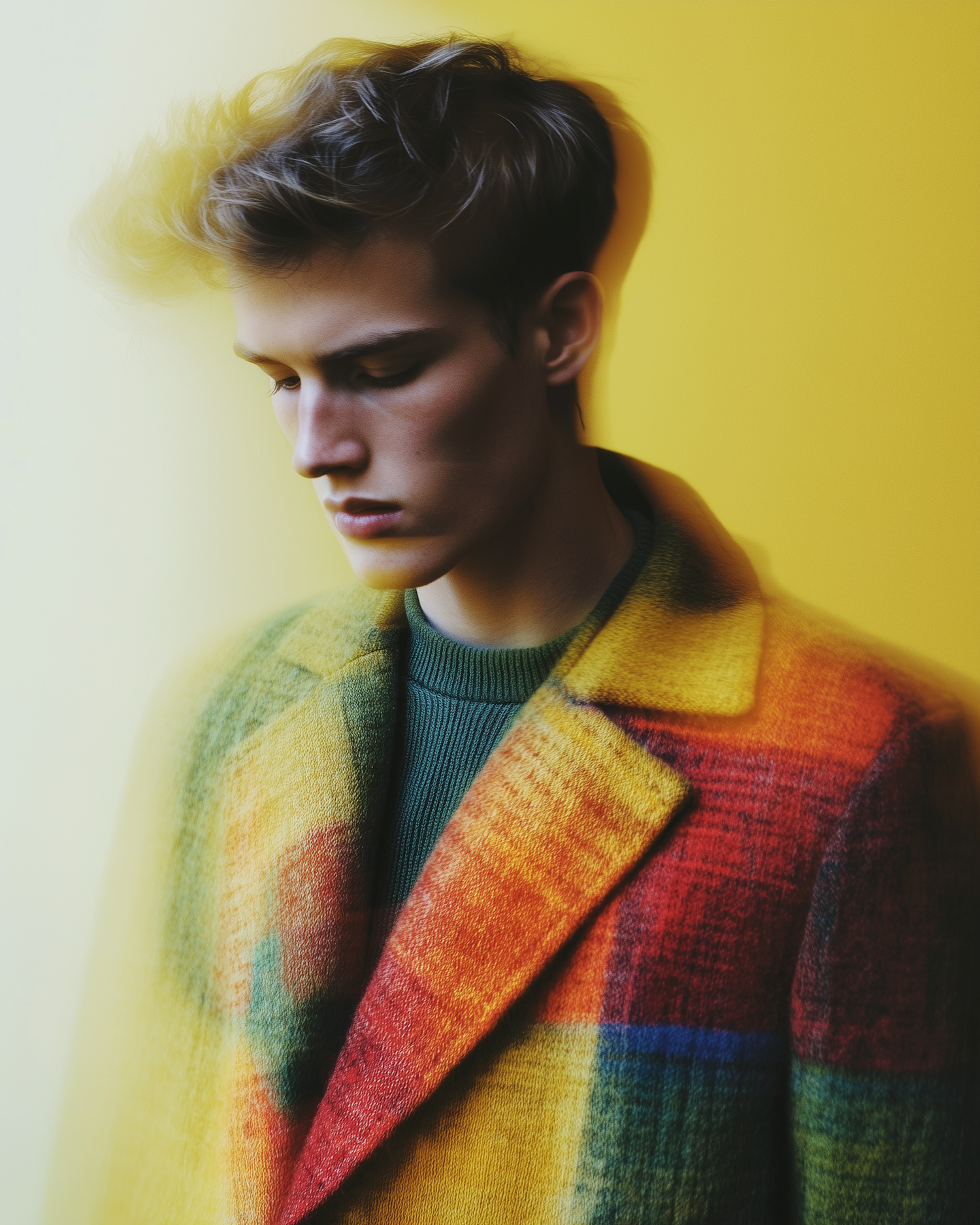 Contemplative Young Man in Plaid Coat