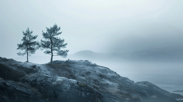 Misty Coniferous Landscape at Twilight