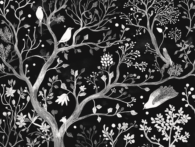 Monochromatic Birds and Trees Illustration