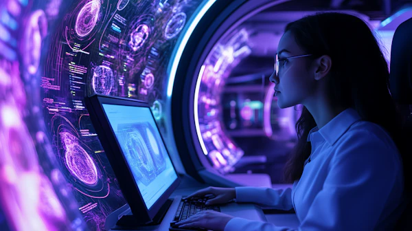 Woman at Computer in Futuristic Setting