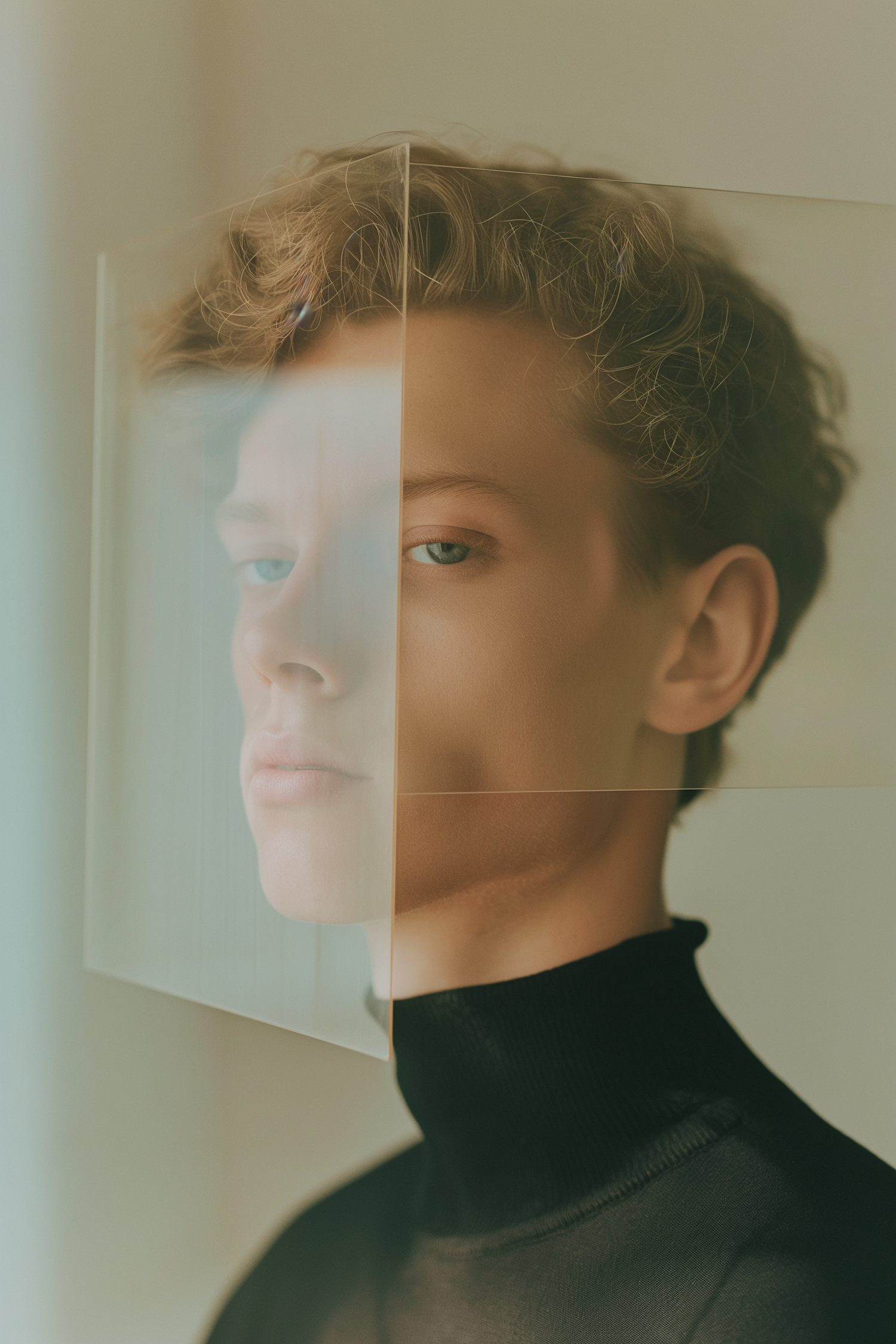 Contemplative Young Man with Reflective Surface