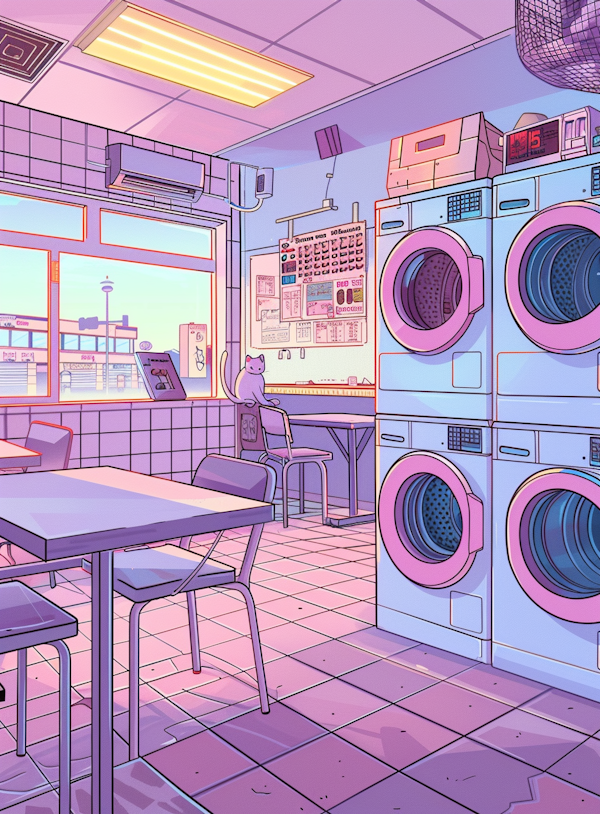 Whimsical Laundromat with Cat