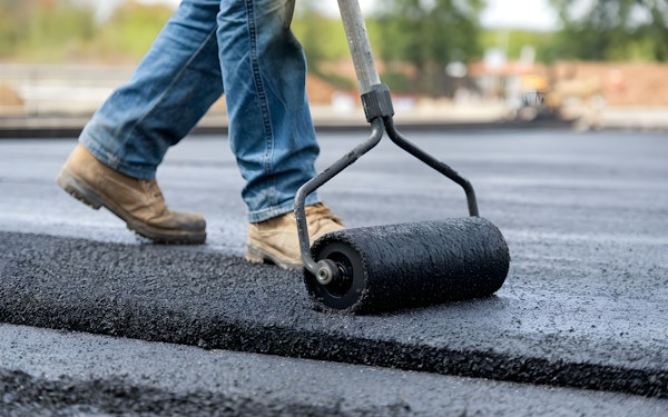 Construction Worker Applying Sealer to Asphalt