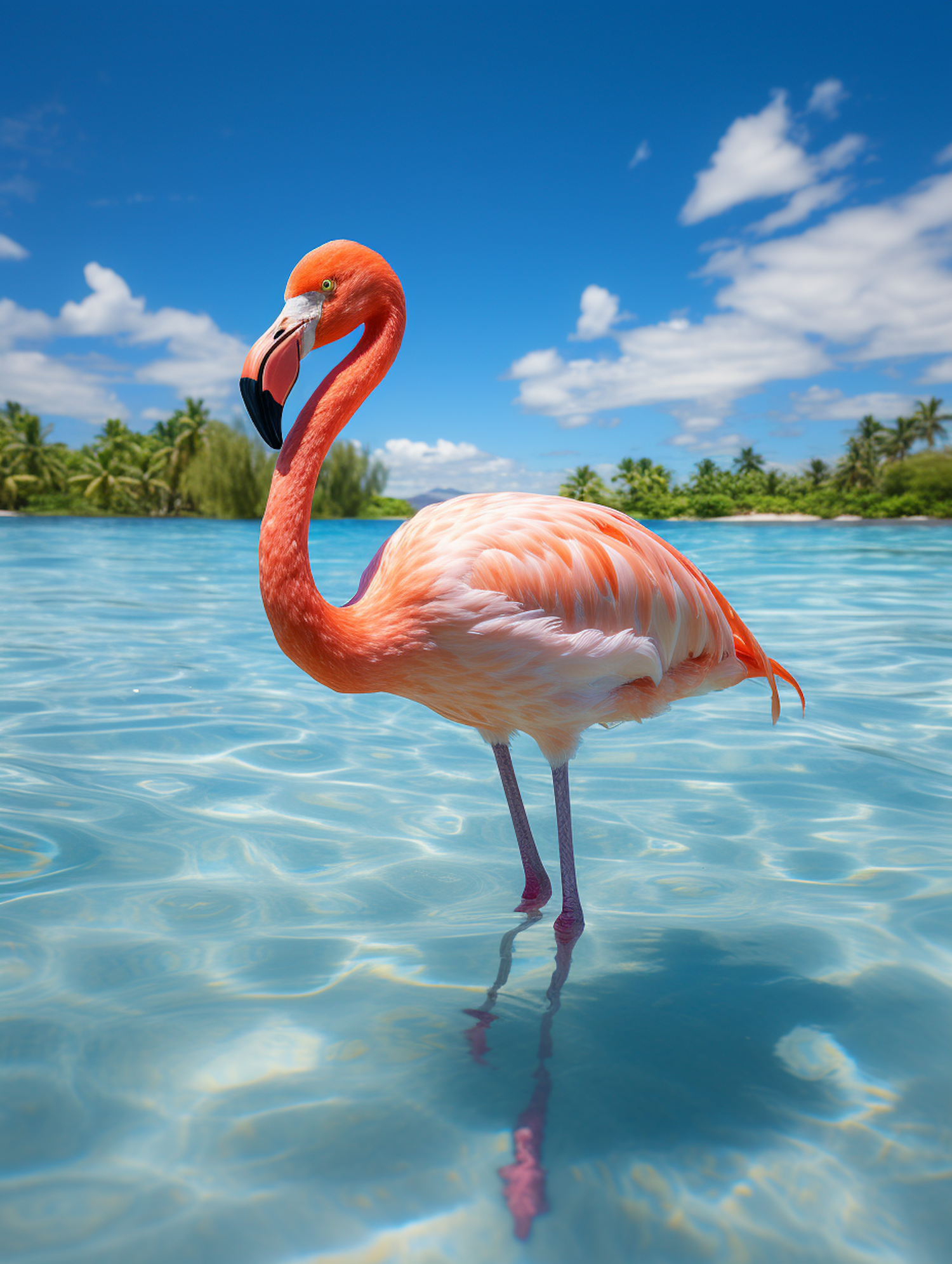 Serenity in Pink: A Graceful Flamingo Amidst Tropical Waters